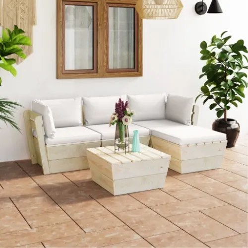 Set Divani da Giardino su Pallet 5 pz con Cuscini Legno Abete