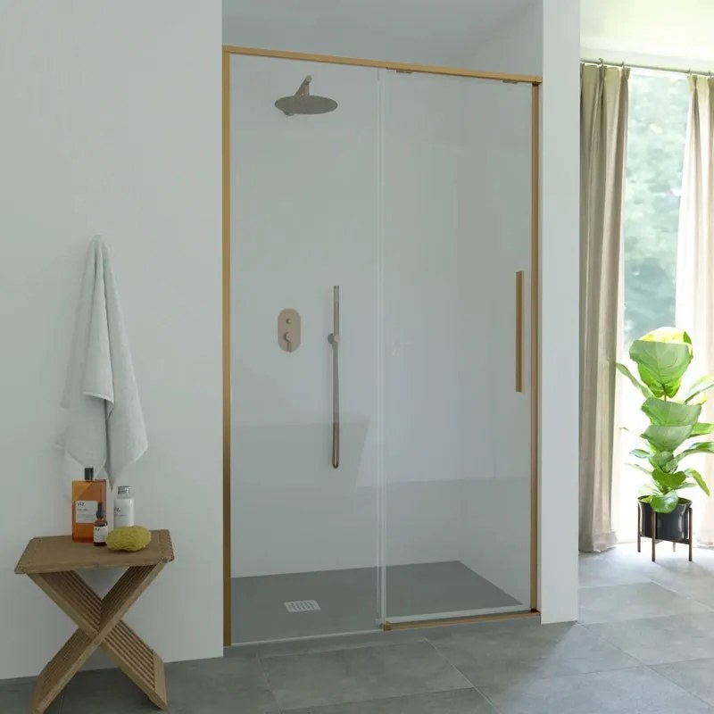 Porta doccia scorrevole L 200 cm x H 200 cm per nicchia in vetro trasparente SP. 8 mm, profilo bronzo, serie Fit