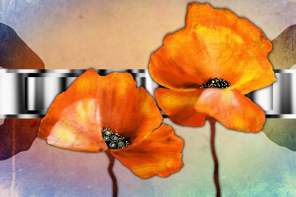 Stampa su tela – Fiori di papavero arancioni in stile orientale