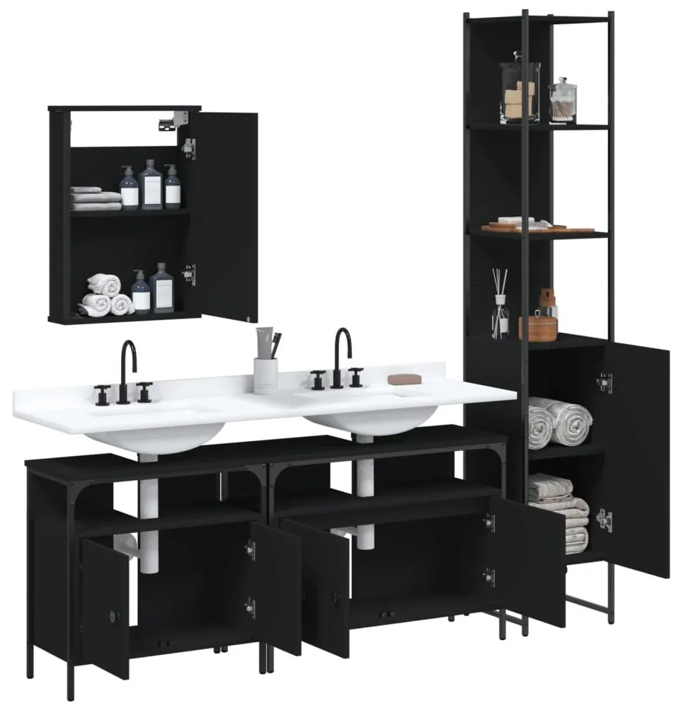 Set mobili da bagno 4 pz nero in legno multistrato