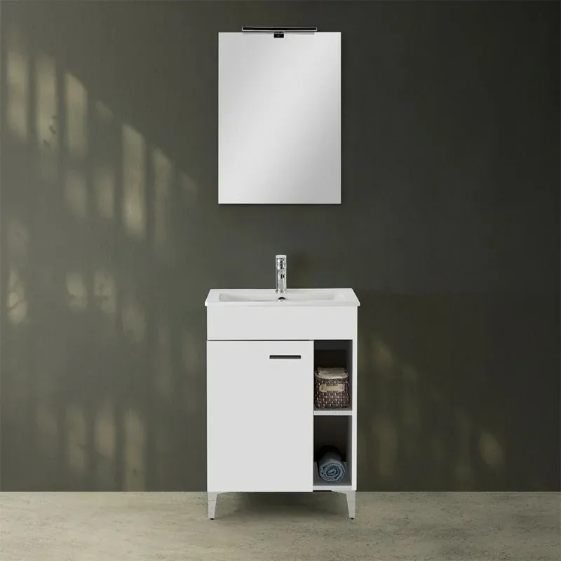 Mobile bagno a terra 60 cm bianco lucido con 1 anta lavabo e specchio Martha