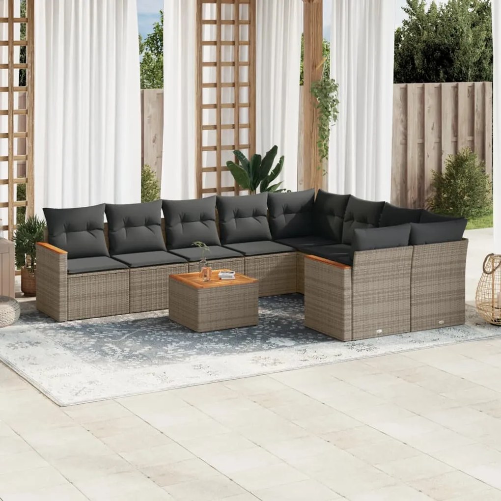 Set divano da giardino 10 pz con cuscini grigio in polyrattan