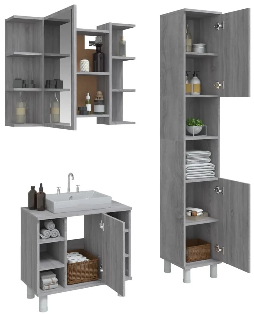 Set mobili da bagno 3 pz grigio sonoma in legno multistrato