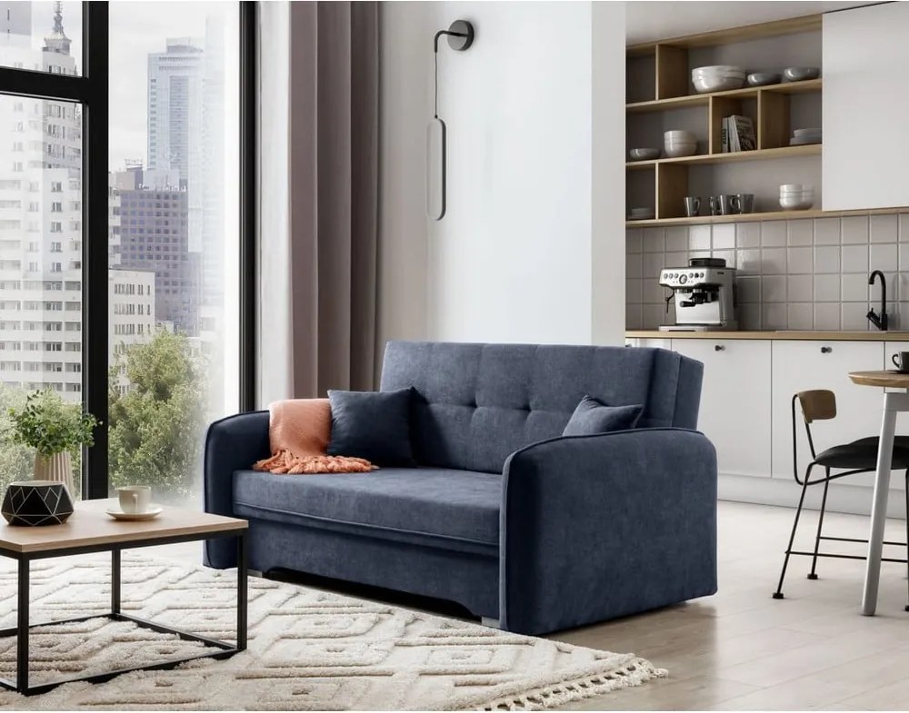 Divano blu scuro allungabile/con contenitore e rivestimento in ciniglia 155 cm Laine – ELTAP