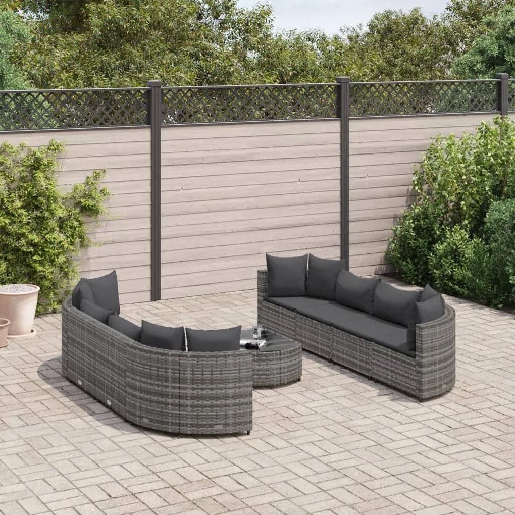 Set divano da giardino 9 pz con cuscini grigio in polyrattan