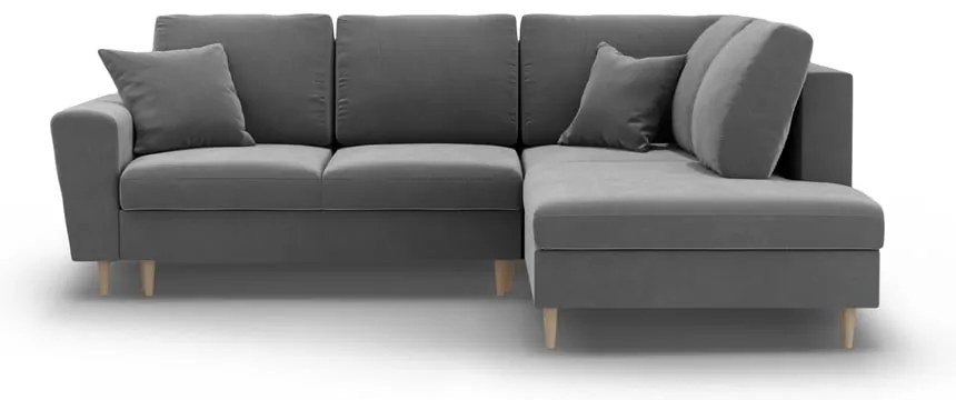 Divano angolare grigio chiaro allungabile e con contenitore (con penisola a destra/a L) con rivestimento in velluto Kyoto – Cosmopolitan Design