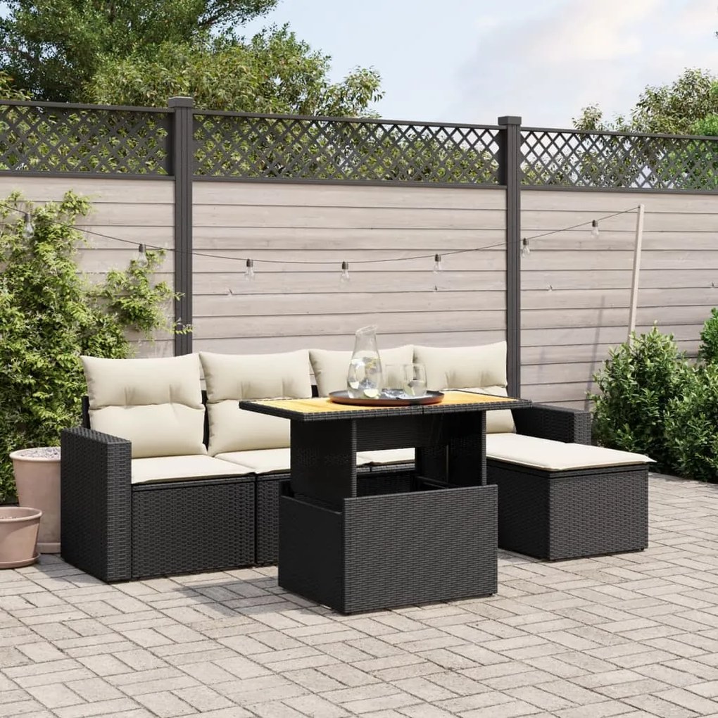 Set Divano da Giardino 6 pz con Cuscini Nero in Polyrattan