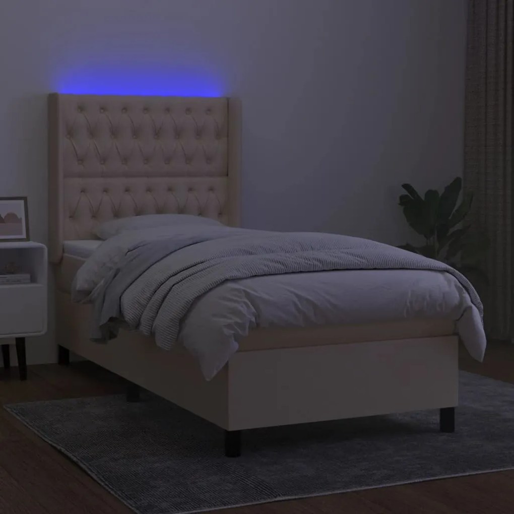 Letto a Molle con Materasso e LED Crema 90x190 cm in Tessuto