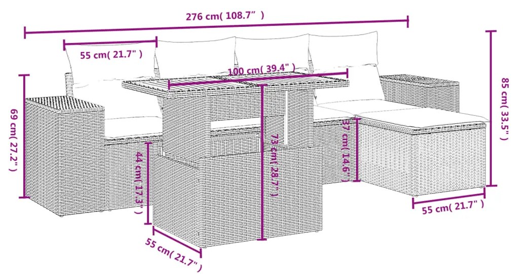 Set divano da giardino 6 pz con cuscini nero in polyrattan