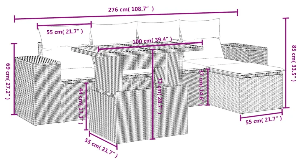 Set divano da giardino 6 pz con cuscini nero in polyrattan