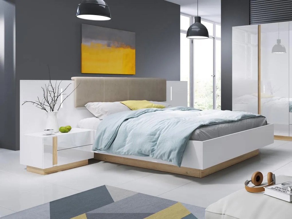 Letto con comodini 160 x 200 cm Con LED Bianco e Naturale - MURARI