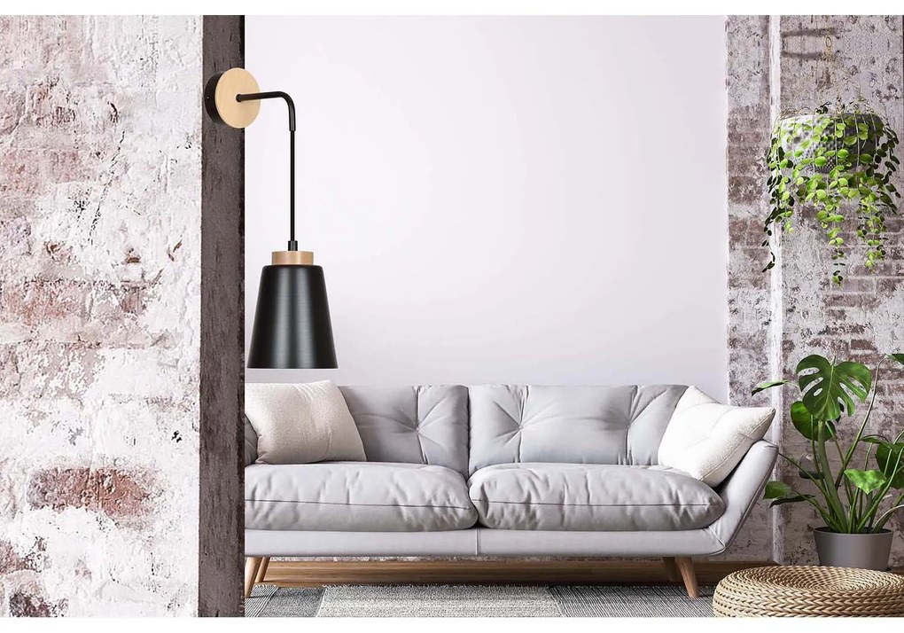 Applique 1 Luce Lancillotto A Cono In Acciaio Nero E Legno Naturale