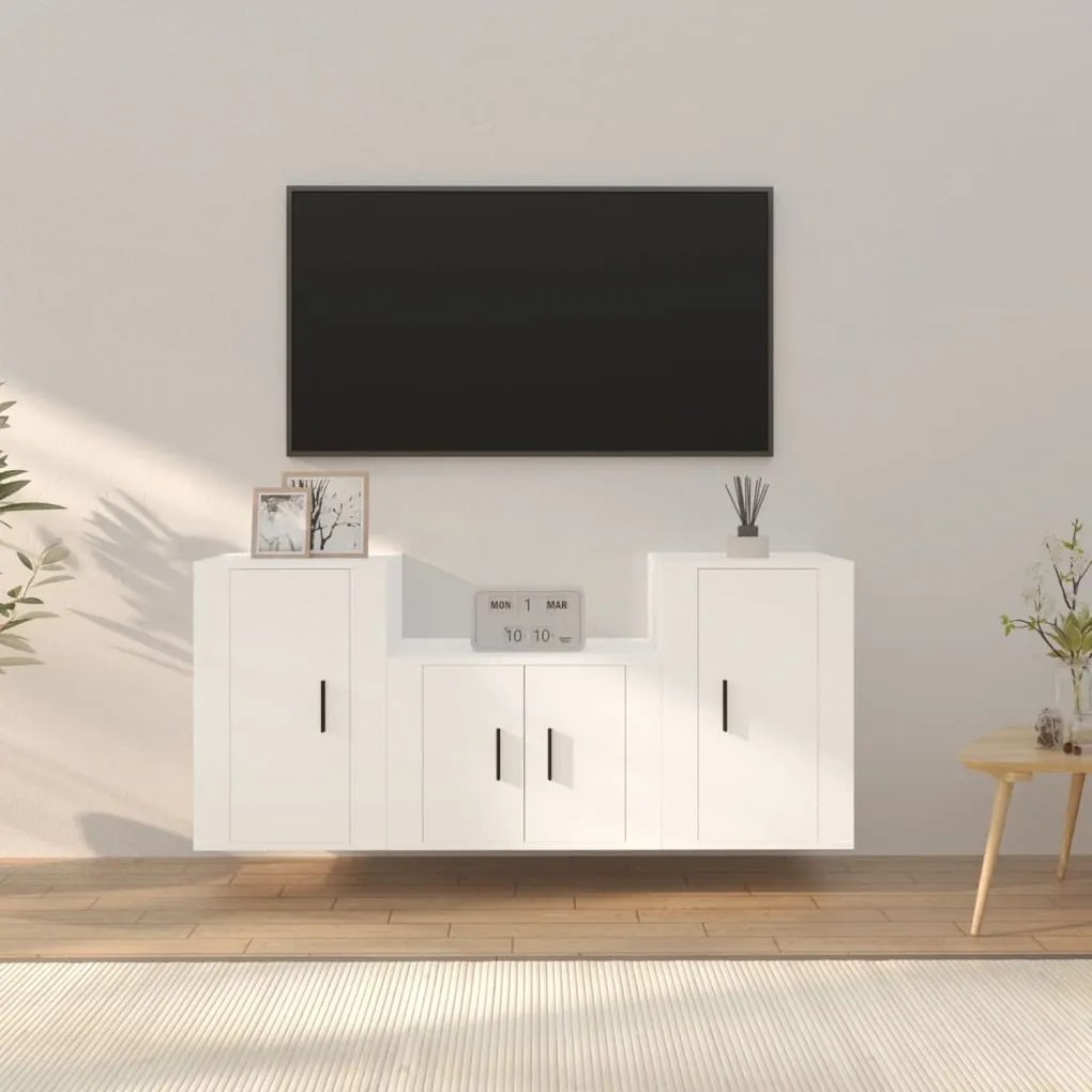 Set mobili porta tv 3 pz bianco in legno multistrato