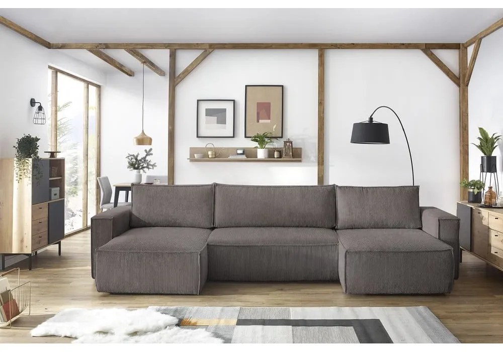 Divano letto angolare a "U" in velluto a coste grigio scuro Nihad - Bobochic Paris