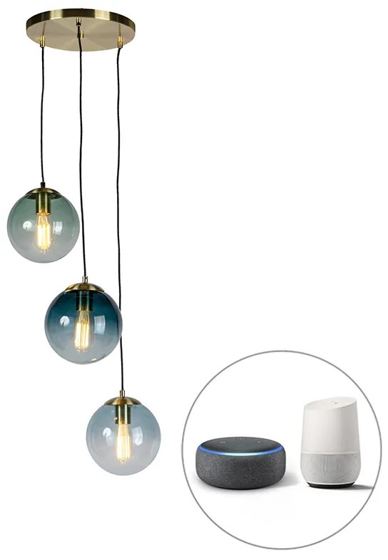 Lampada a sospensione intelligente in ottone con 3 ST64 WiFi con vetro blu - Pallon