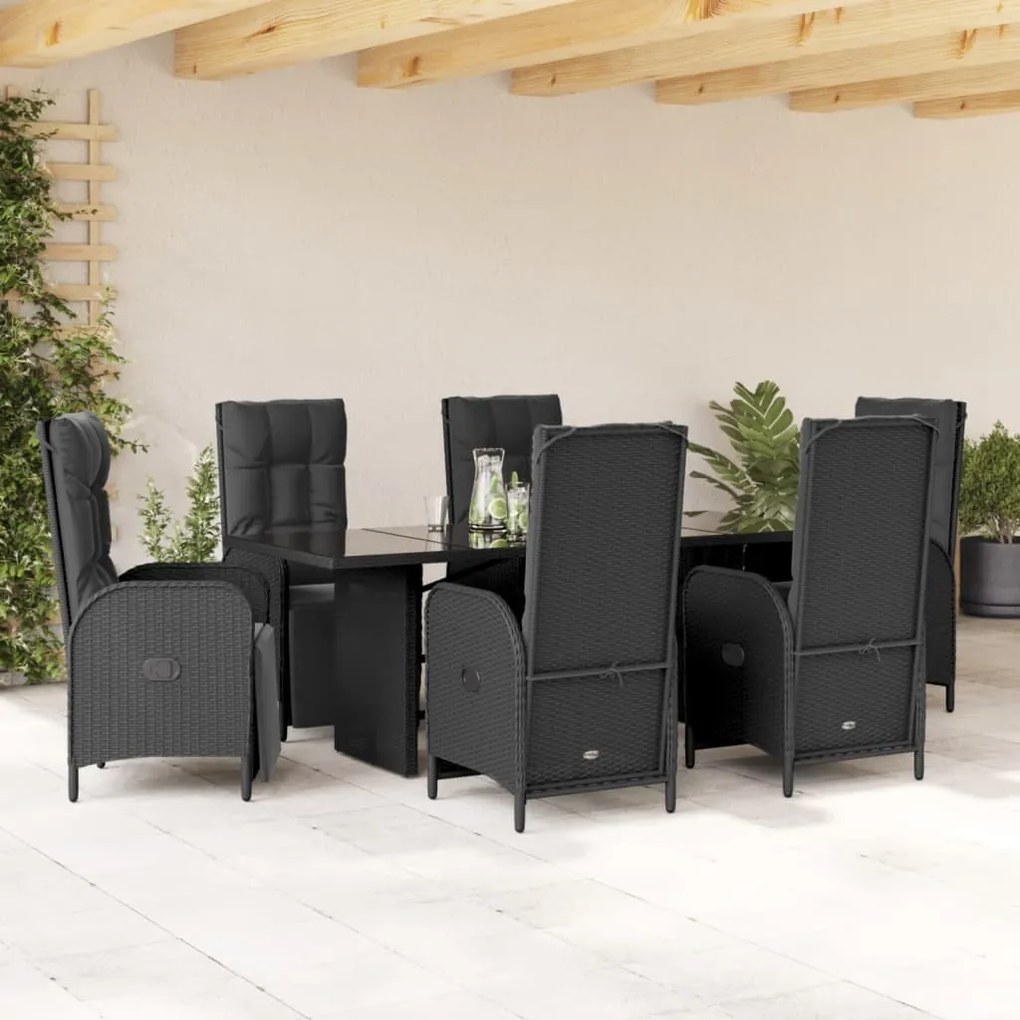 Set da pranzo da giardino 7 pz nero con cuscini in polyrattan