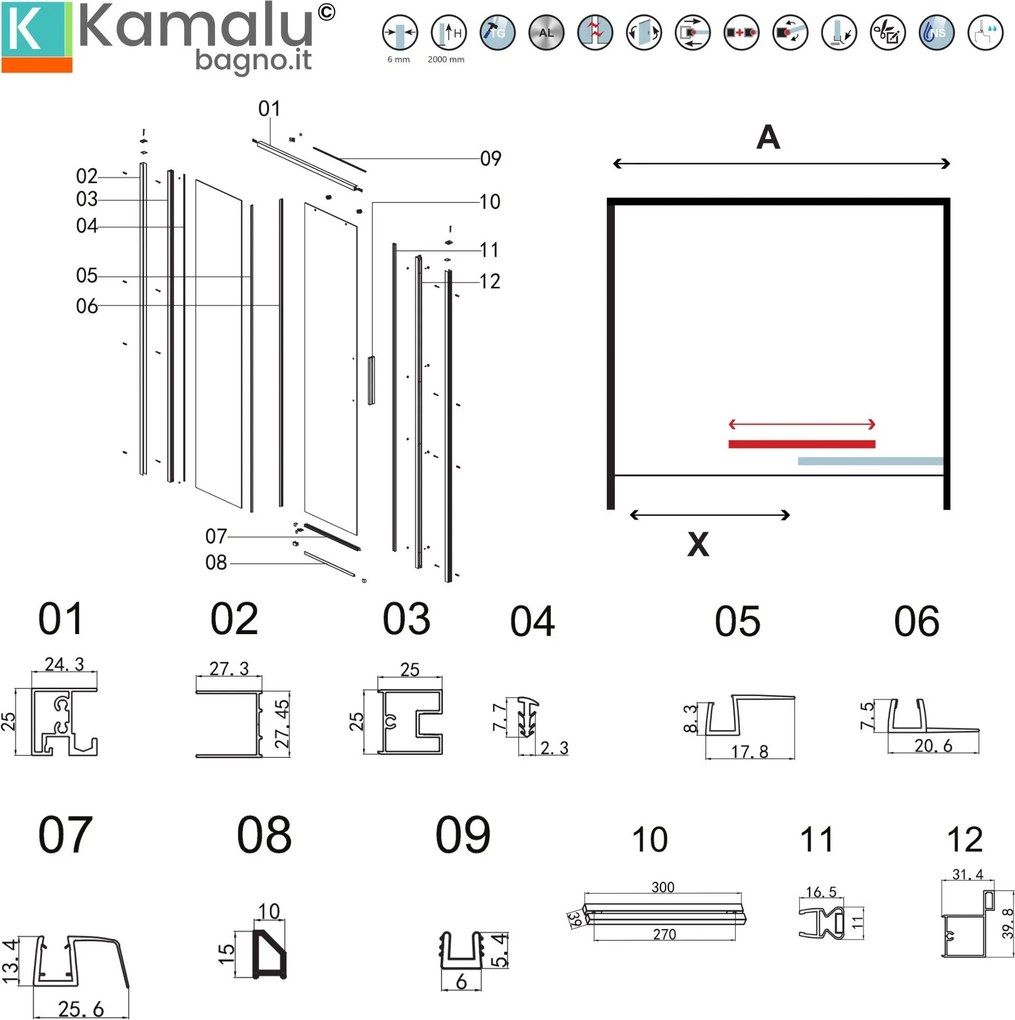 Porta doccia 140 cm colore bianco vetro 6 mm altezza 200h | KLA4000B - KAMALU