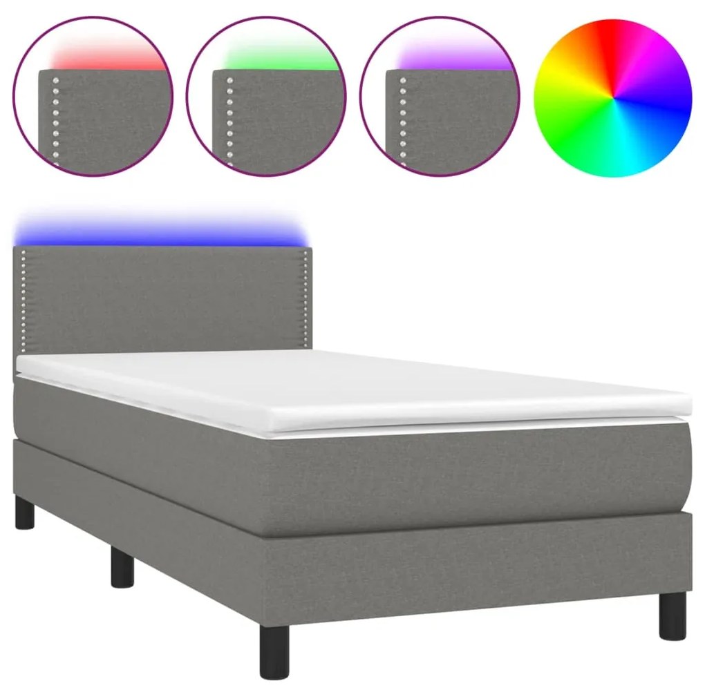 Letto a molle materasso e led grigio scuro 100x200cm in tessuto