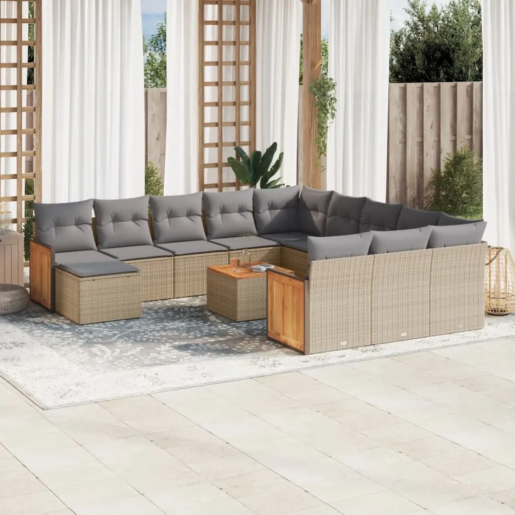 Set divano da giardino 13 pz con cuscini beige in polyrattan