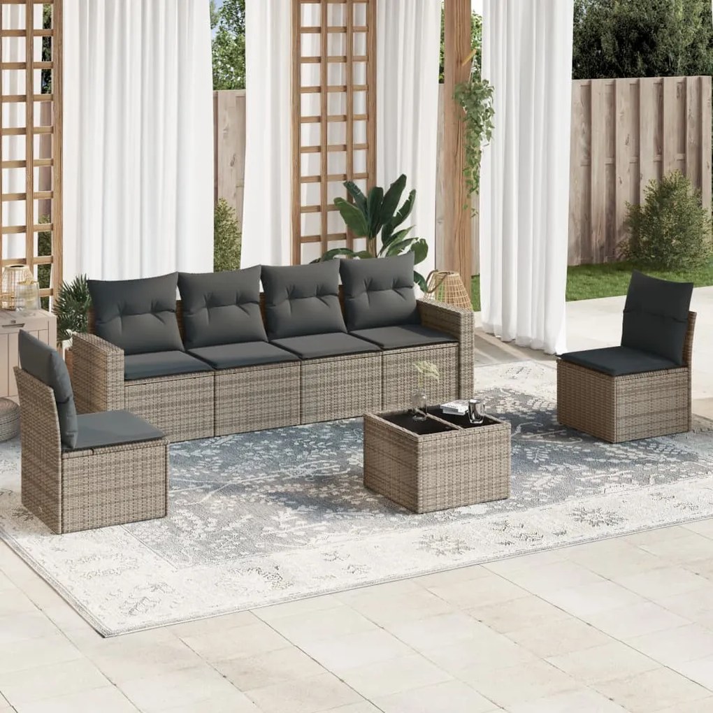 Set divani da giardino 7 pz con cuscini grigio in polyrattan