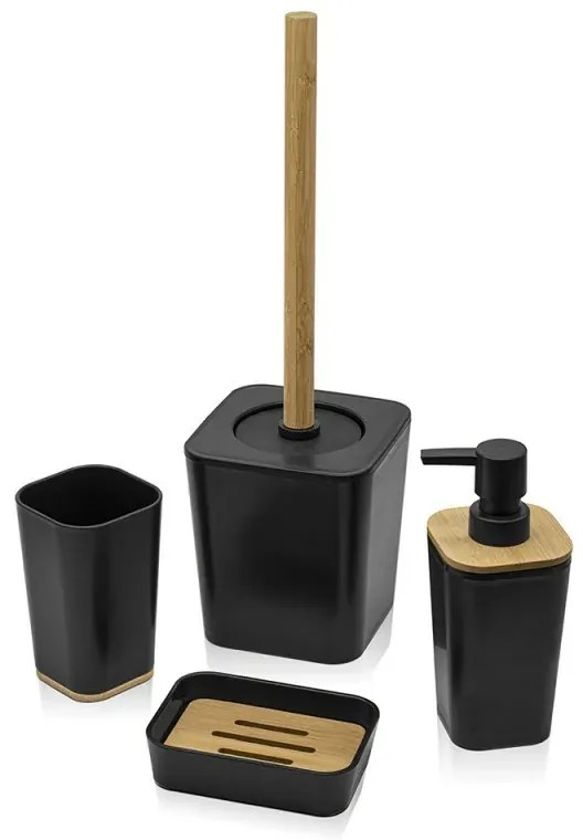 Set accessori bagno moderno in finitura nera opaca con dettagli in bambù