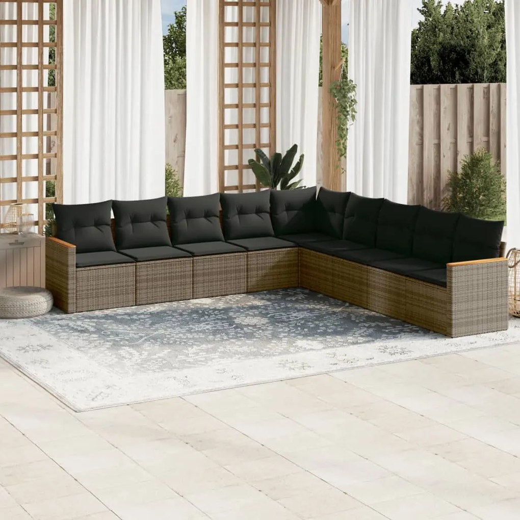 Set divano da giardino 9 pz con cuscini grigio in polyrattan