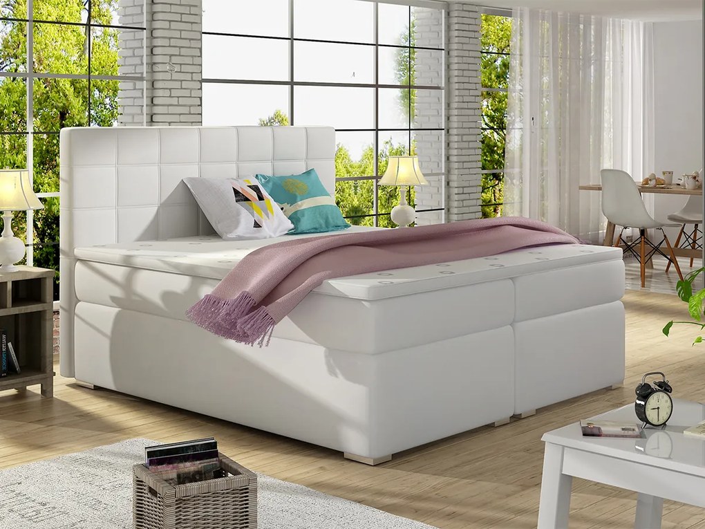 Letto matrimoniale boxspring Sara - 180 x 200 cm , Ecopelle bianco