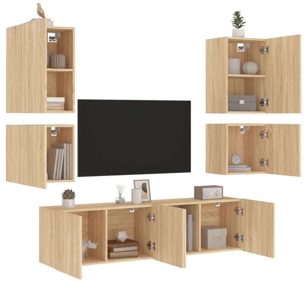 Mobili tv a muro 6pz rovere sonoma in legno multistrato