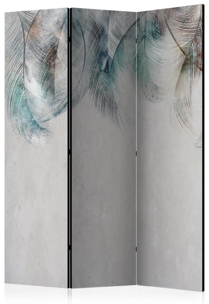 Paravento separè Piume colorate (3 pezzi) - composizione delicata su sfondo grigio