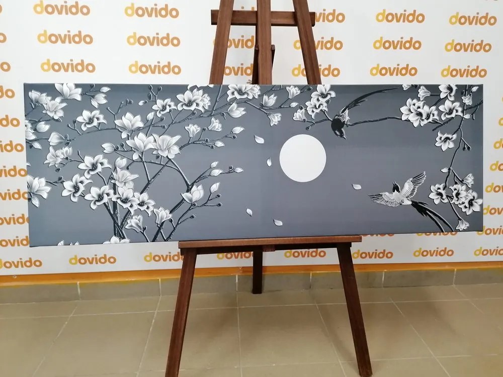 Stampa su tela – Uccellini in bianco e nero sul ramo dell'albero