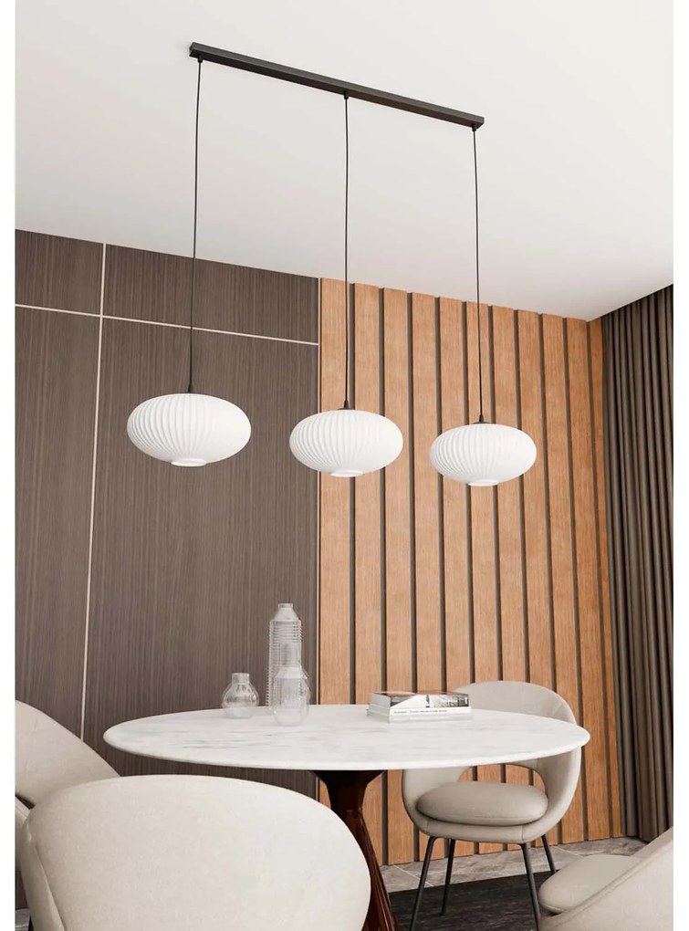 Lampadario 3 Luci Iris In Acciaio Nero Paralume Plissettato Bianco
