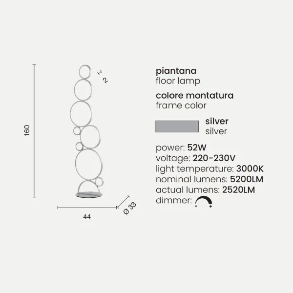 Lampada piantana da terra LED 52W- Silver POIS H160 cm