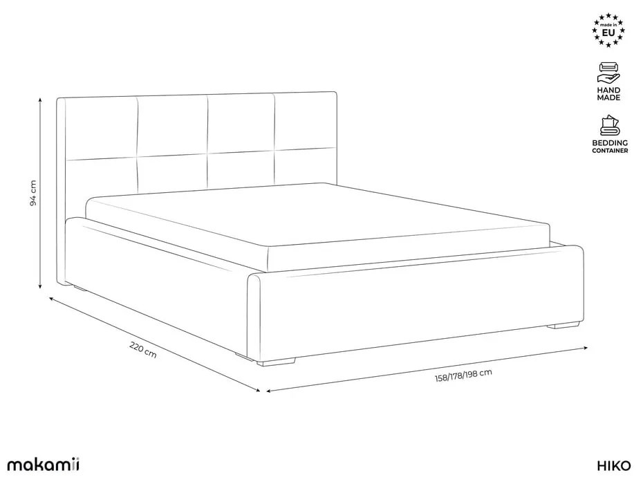 Letto matrimoniale imbottito grigio scuro in velluto con contenitore con rete inclusa 140x200 cm Hiko – Makamii