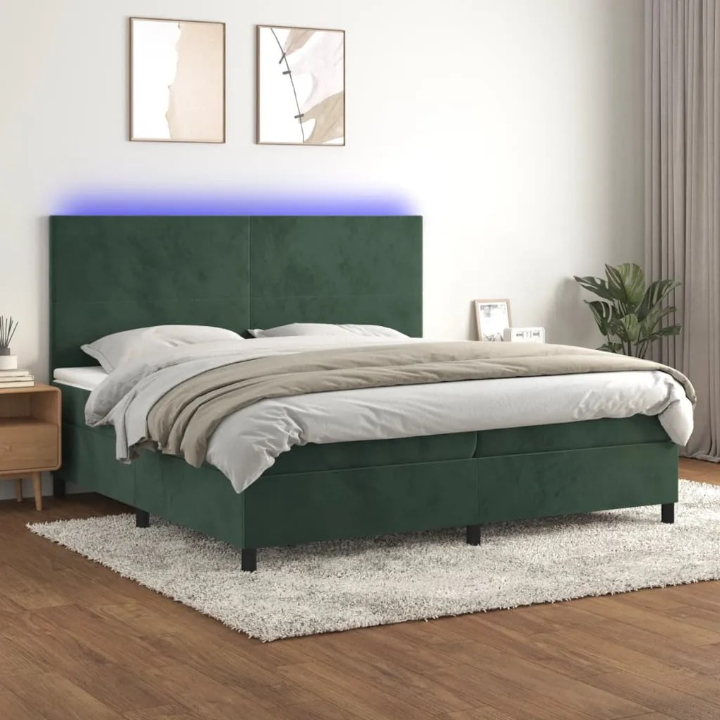 Letto a molle con materasso e led verde scuro 200x200cm velluto