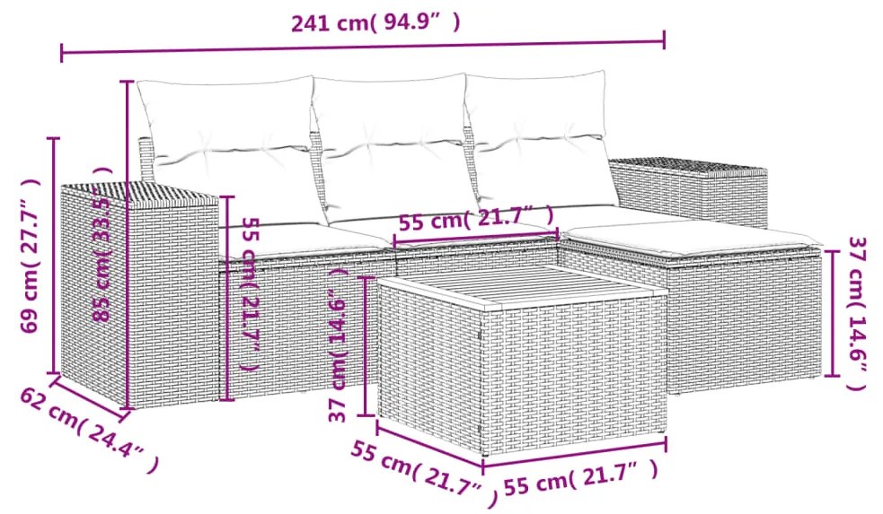 Set divano da giardino 5 pz con cuscini grigio in polyrattan