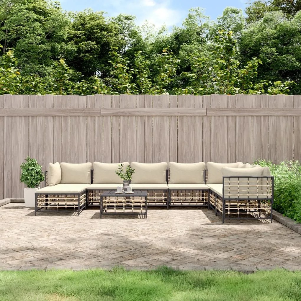 Set divani da giardino 9 pz con cuscini antracite in polyrattan