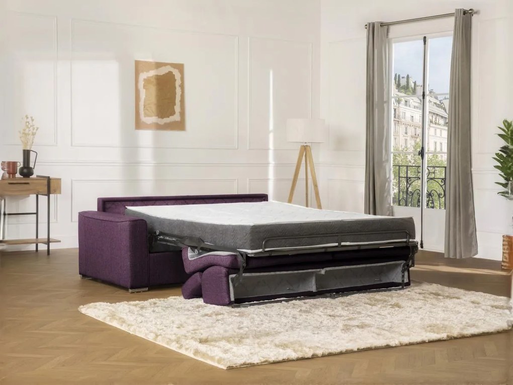 Divano letto 3 posti ribalta doghe larghe memory foam - Letto: 140 cm x 16 cm Tessuto Viola - VIZIR
