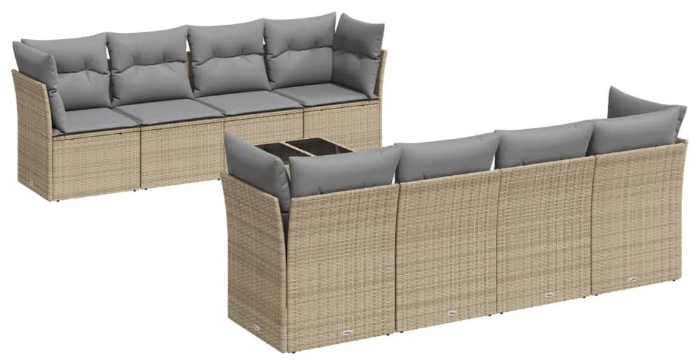 Set divano da giardino 9 pz con cuscini beige in polyrattan