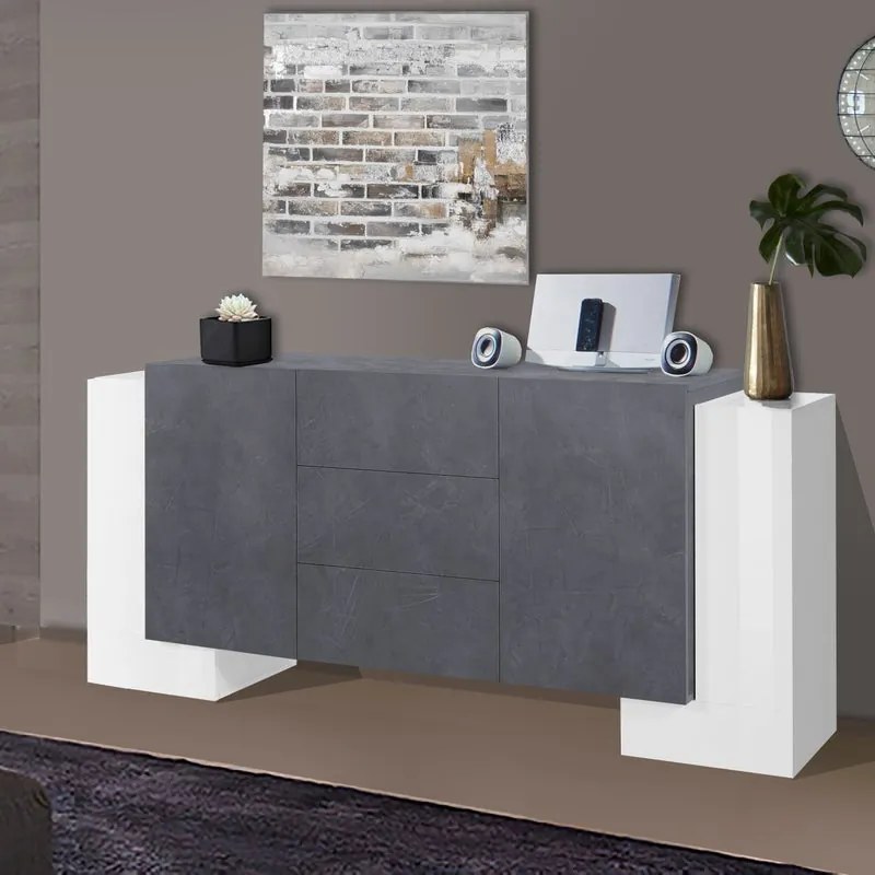 Mobile credenza Pillon L 210 x H 85 P 45 cm bianco lucido, grigio ardesia e grigio