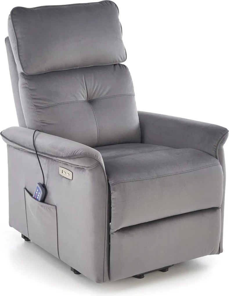 Poltrona relax Semir 2 in velluto grigio chiaro – con massaggio, alzapersona e reclinazione elettrica