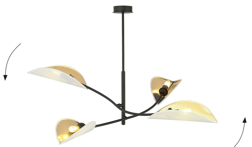 Sospensione Nordica 4 Luci Ares In Acciaio Nero Bianco E Oro Bracci Regolabili