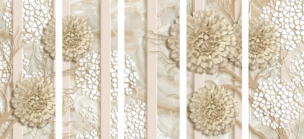 Quadri 5 pezzi – Fiori astratti su sfondo marmoreo