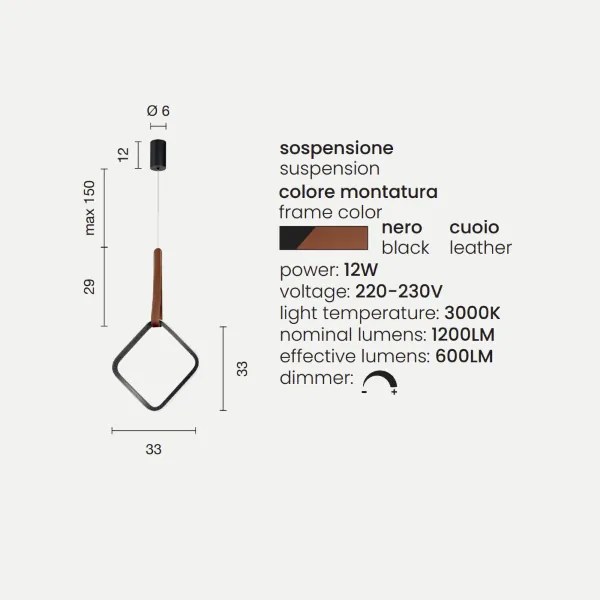 Lampada a sospensione Led REGOLI in metallo D33 cm con elemento in ecopelle SQUARE