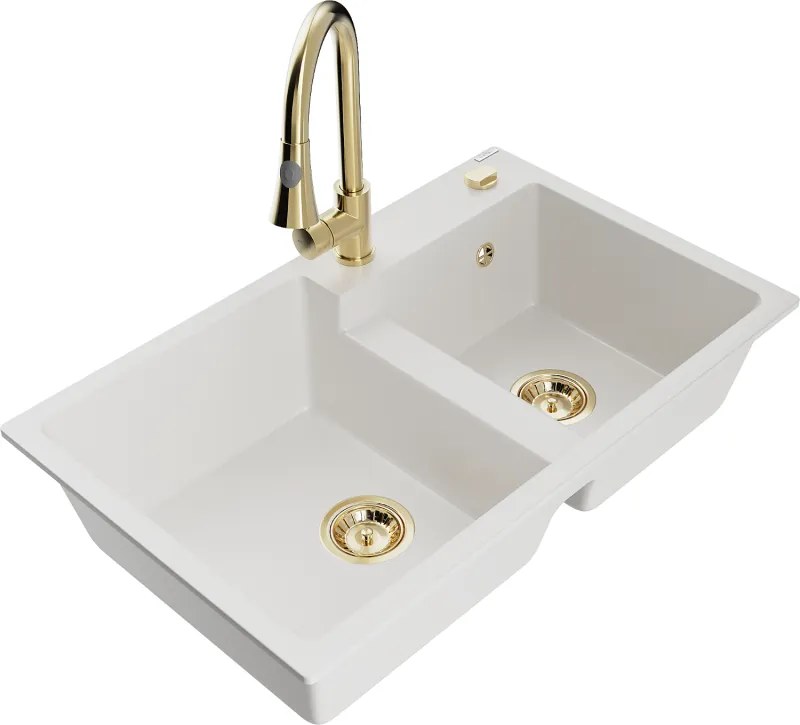 Mexen Tomas lavello da cucina in granito a 2 vasche con rubinetto Elia, bianco - 6516-20-670101-50