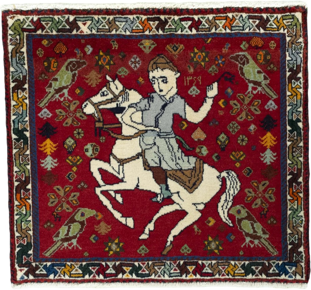 Shiraz Tappeto 70 x 60 Rosso (Iran) Annodato A Mano