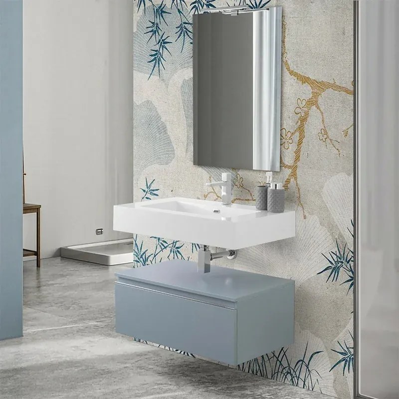 Mobile bagno 80 cm blu pastello lavabo sospeso e specchio Iside