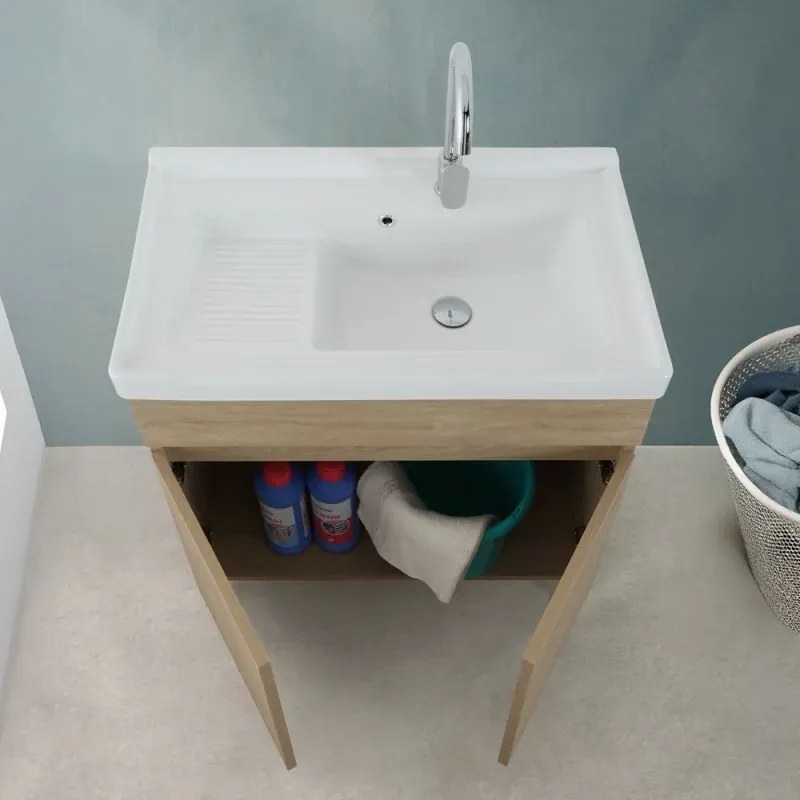 Mobile lavatoio 79x46,8 cm rovere dolomite con vasca in ceramica bianca
