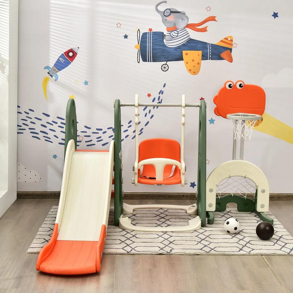 Costway Set 6 in 1 scivolo con canestro per bambini per interni, Set giochi con altalena e porta da calcio Beige/Arancione