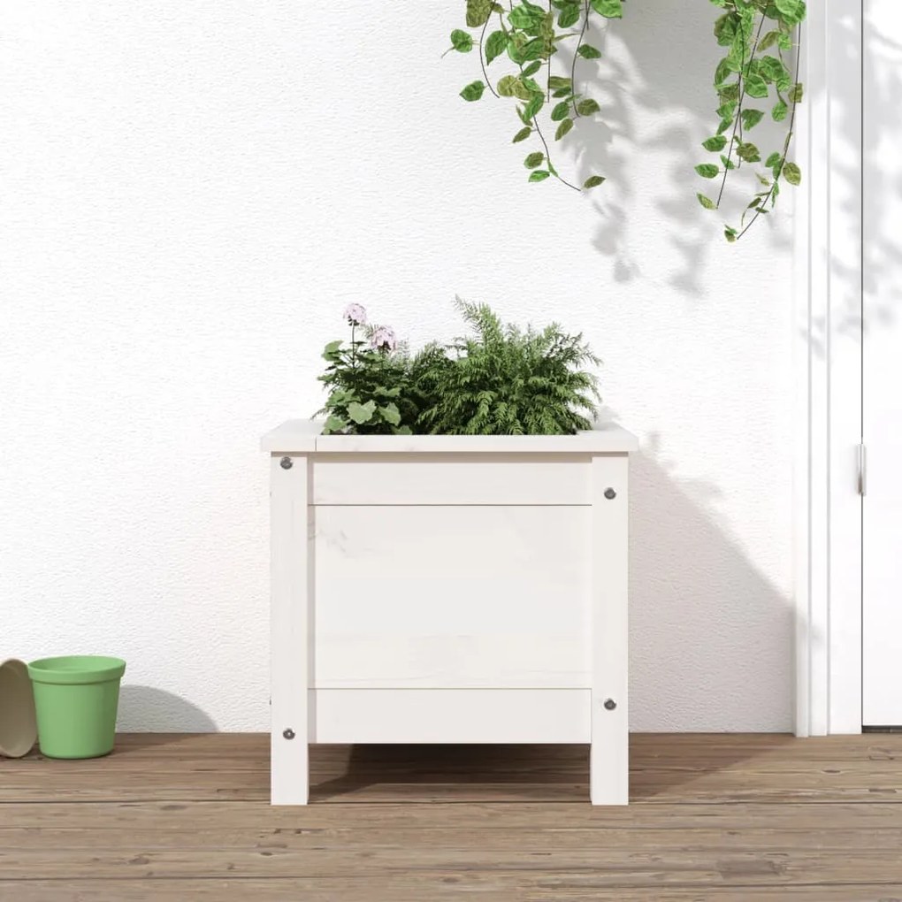 Fioriera Da Giardino Bianca 40x40x39 Cm Legno Massello Di Pino /