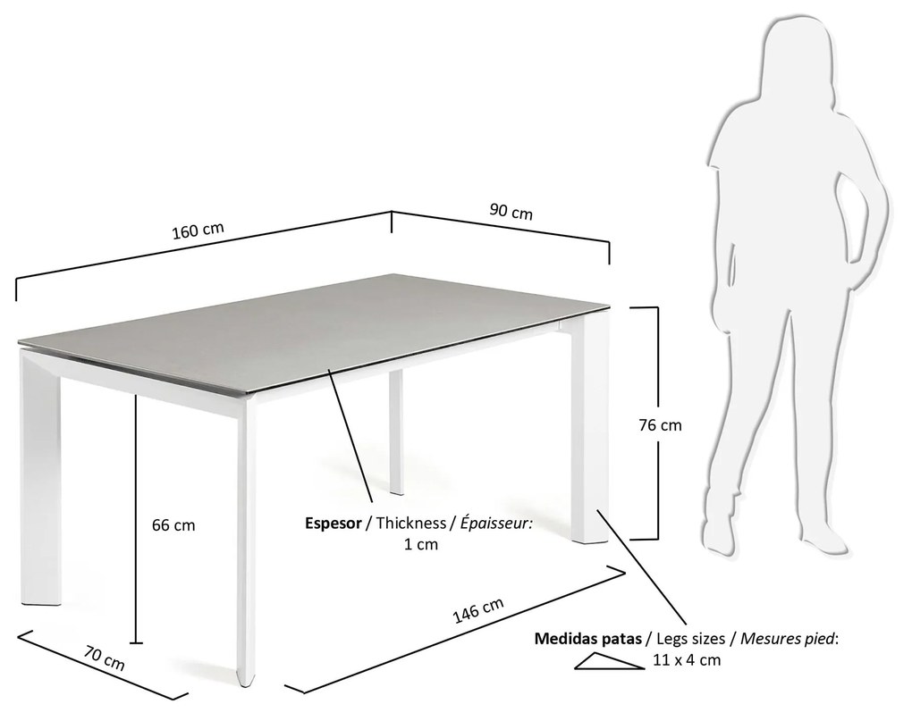 Kave Home - Tavolo allungabile Axis in porcellanato Hydra Lead e gambe bianche 160 (220) cm